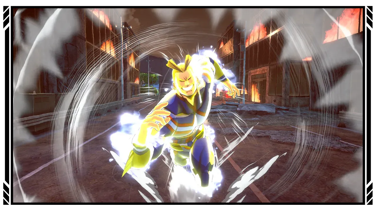 All Might charging through a ruined city street