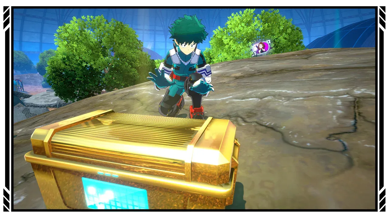 Izuku Midoriya finding an upgrade item during a match